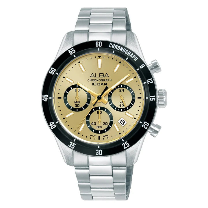 ALBA Champagne Gold Sunray Dial With Black Tachymeter Bezel Chronograph Watch AT3L21X1