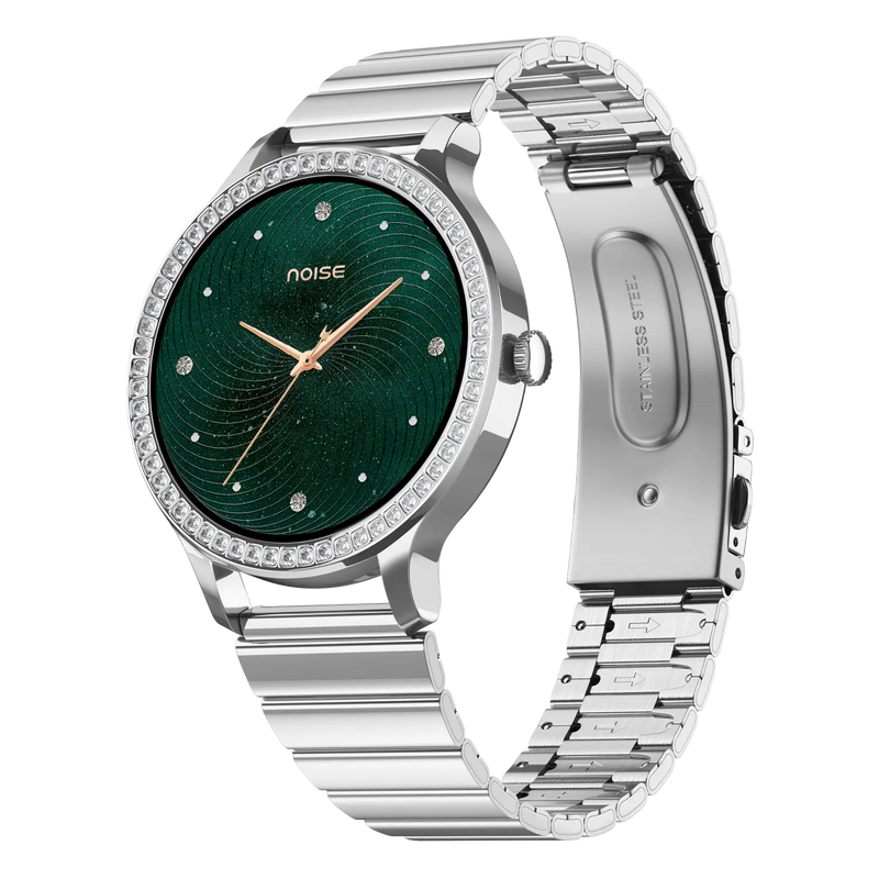 Noise Diva Araya Smartwatch for Women with AMOLED Display (850 Nits), 60 Precision-Set Crystals, Cycle Tracking, Skin Temperature, SOS with Live Location, 100+ Watch Faces - Iconic Silver