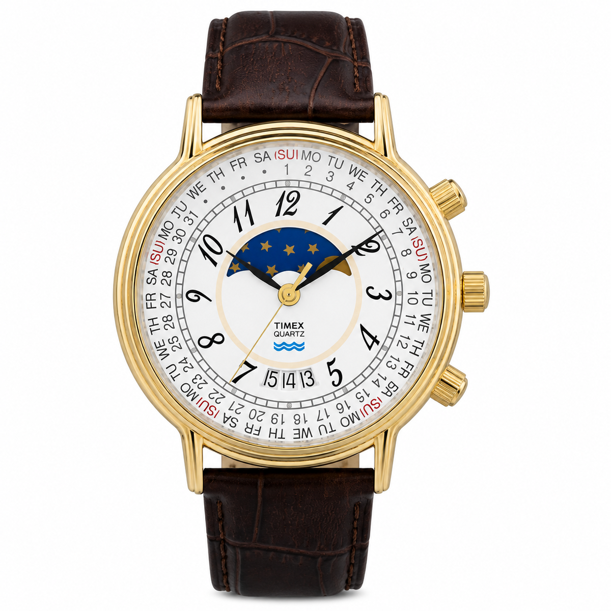 Timex 1990 Moon Phase and Calendar Dial Reissue 37mm Leather Strap Watch - TW2Y99000UJ