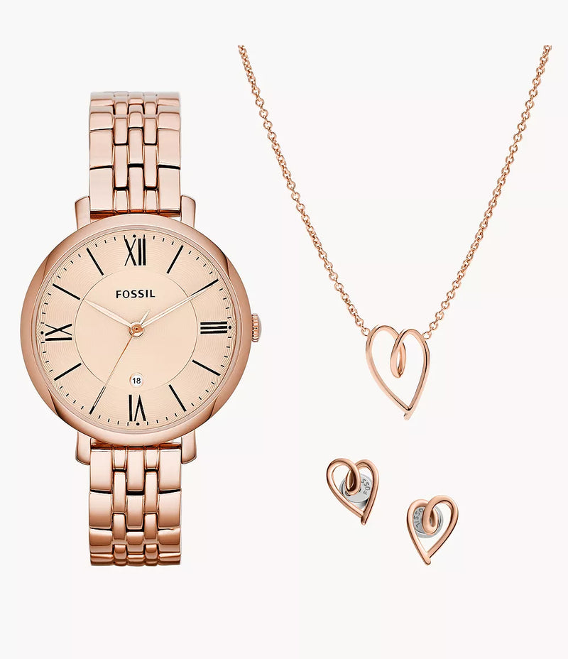 Jacqueline Three-Hand Date Rose Gold-Tone Stainless Steel Watch and Jewellery ES5252SET - KRISHNA WATCH COMPANY