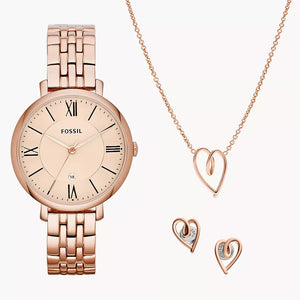Jacqueline Three-Hand Date Rose Gold-Tone Stainless Steel Watch and Jewellery ES5252SET - KRISHNA WATCH COMPANY