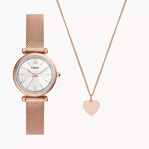 FOSSIL Carlie Three-Hand Rose Gold-Tone Stainless Steel Watch and Necklace Box ES5314SET - KRISHNA WATCH COMPANY