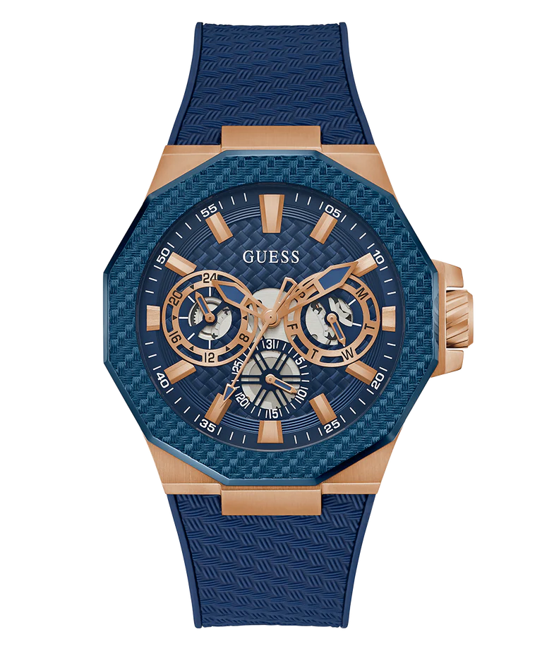 GUESS Mens Blue Rose Gold Tone Multi-function Watch GW0853G3