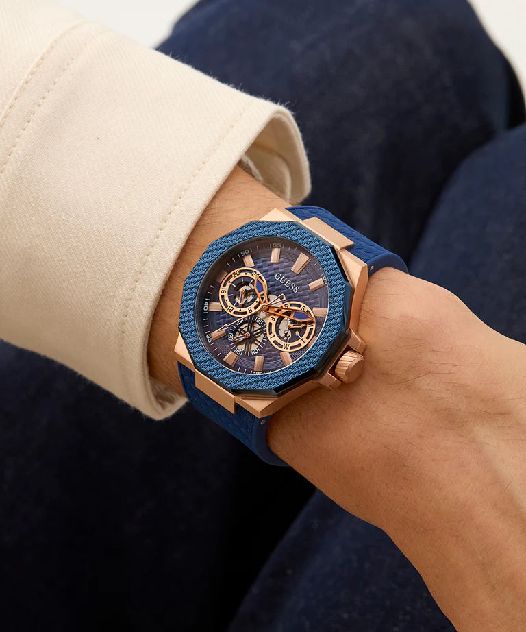 GUESS Mens Blue Rose Gold Tone Multi-function Watch GW0853G3