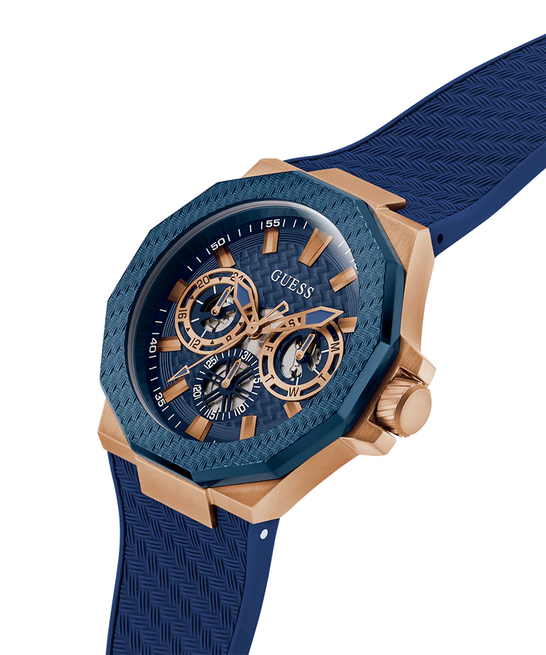 GUESS Mens Blue Rose Gold Tone Multi-function Watch GW0853G3