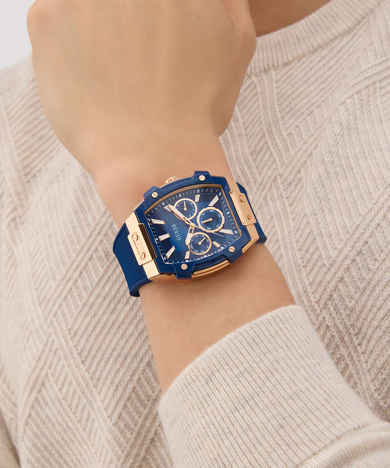GUESS Mens Blue Rose Gold Tone Multi-function Watch GW0956G4