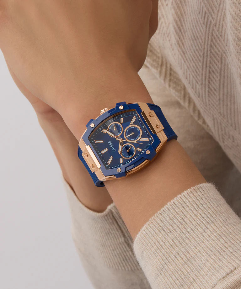 GUESS Mens Blue Rose Gold Tone Multi-function Watch GW0956G4