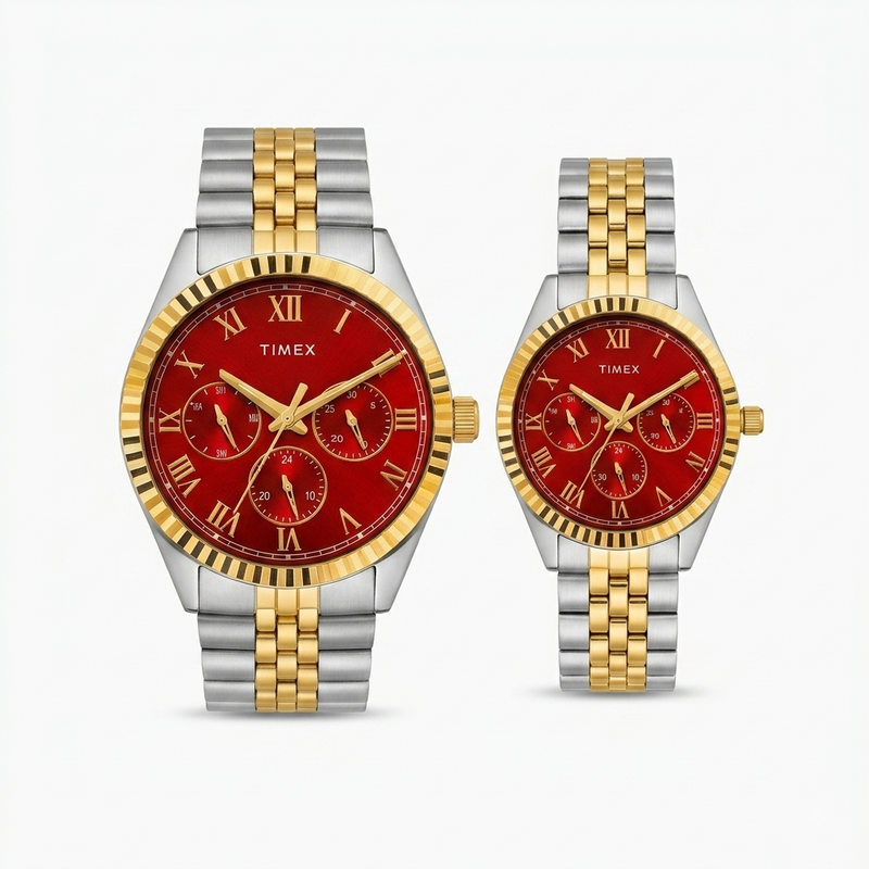 Timex Couple Multifunction Red Dial Gold-Tone Two-Tone Watch Set – TW00PR365