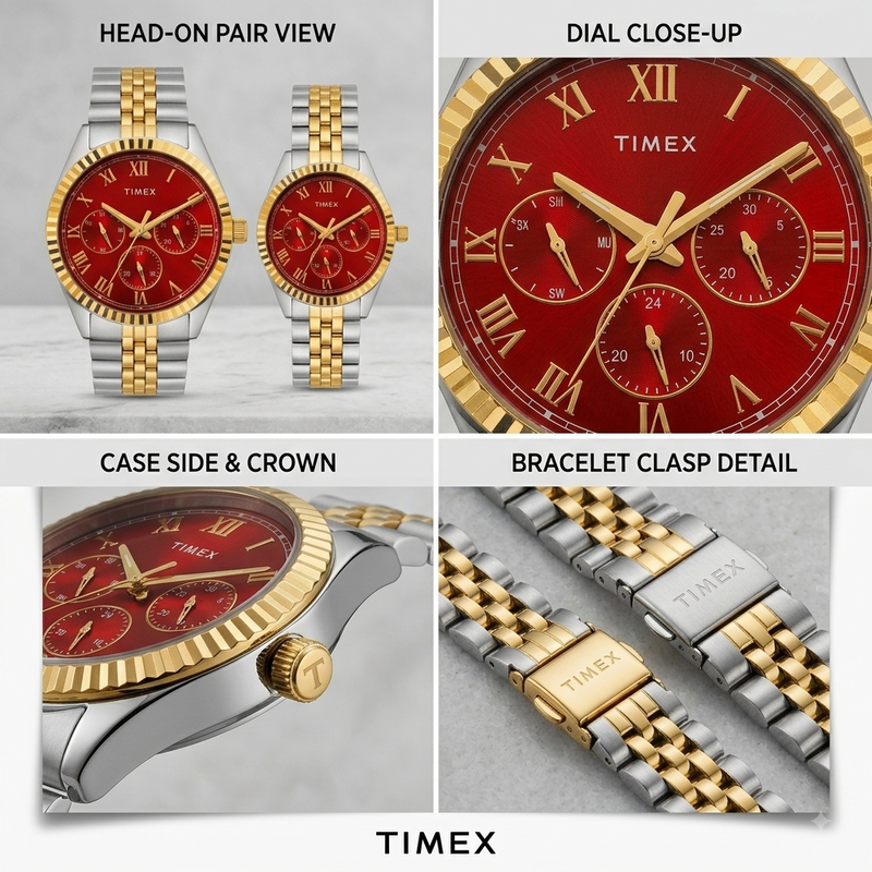 Timex Couple Multifunction Red Dial Gold-Tone Two-Tone Watch Set – TW00PR365