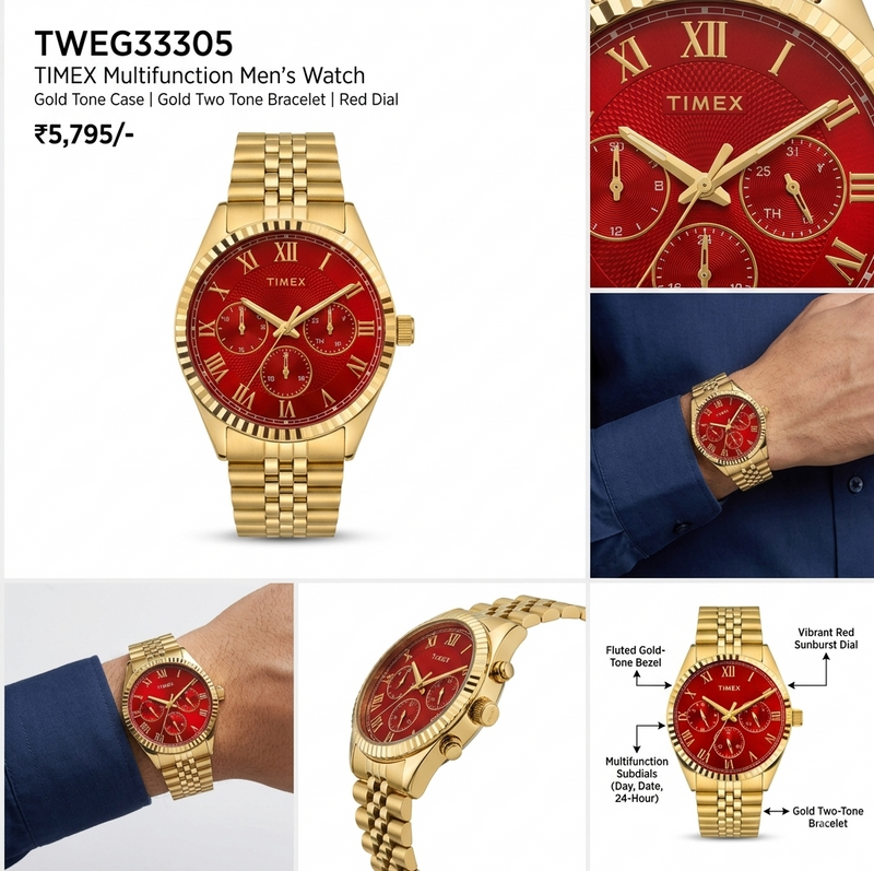 Timex Men's Multifunction Red Dial Gold-Tone Watch – TWEG33305