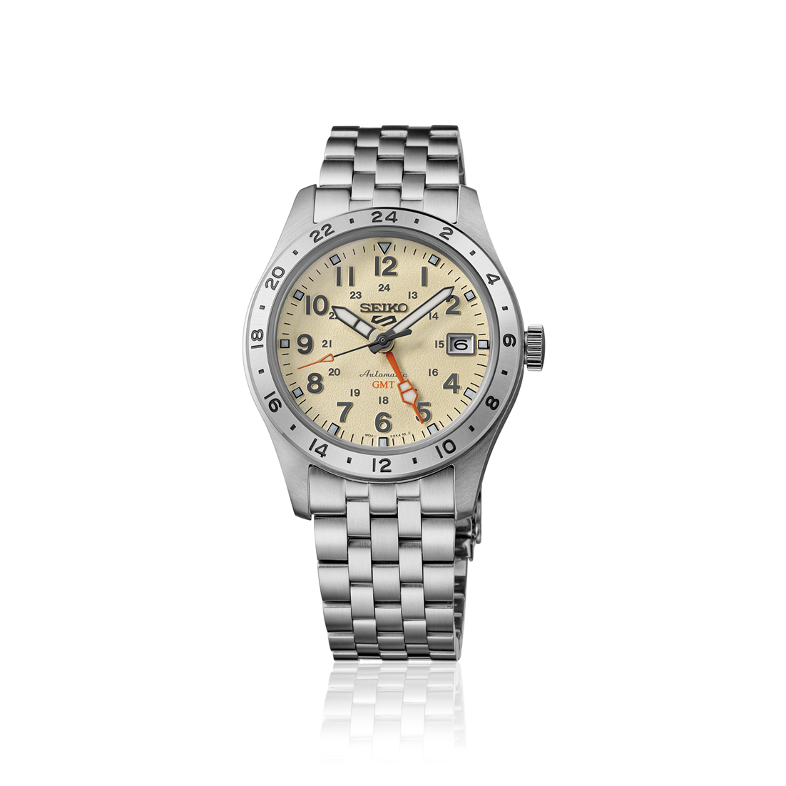 Seiko 55 GMT Men Automatic Cream Dial Analog Stainless Steel Watch HDB002K1