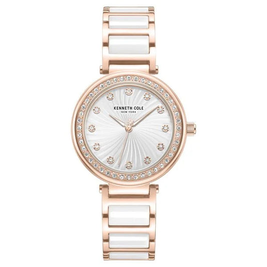 Kenneth Cole Quartz Analog Silver Dial Rose Gold Colour Ceramic Strap Watch For Women kcwlg0066102ld