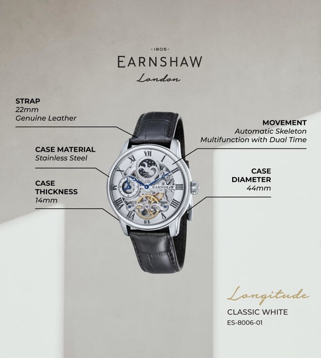 EARNSHAW Longitude Automatic Skeleton Dual Time Multifunction Watch for Men ES-8006-01