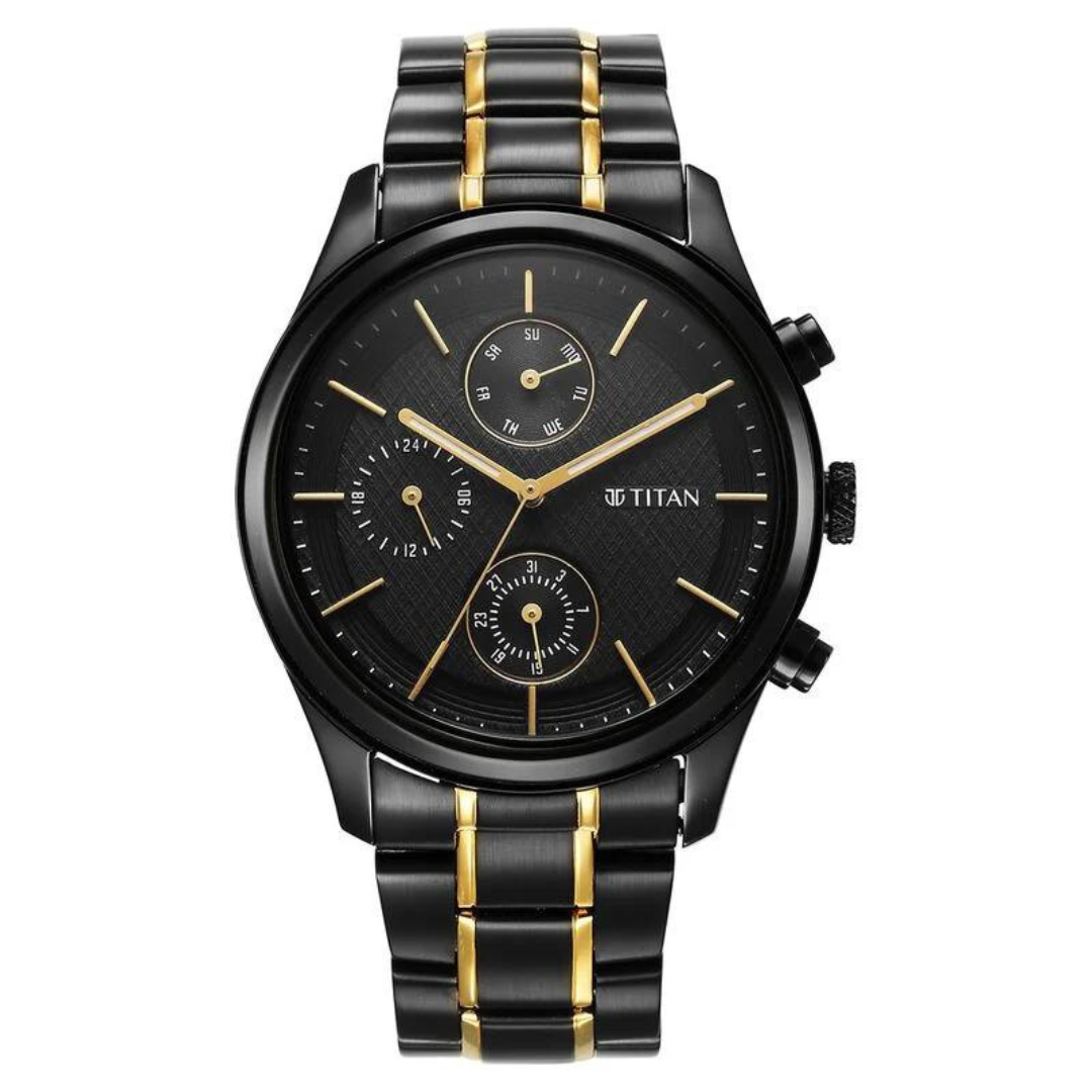 Titan Quartz Analog with Day and Date Black Dial Watch for Men - 1805KM06