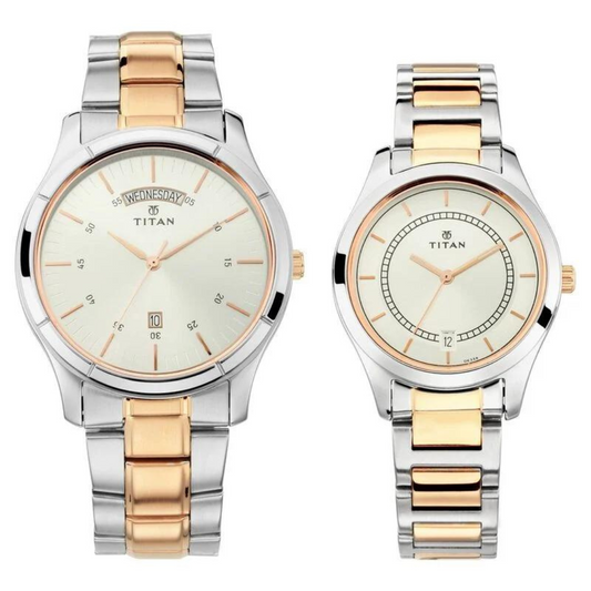 Titan Bandhan Quartz Analog with Day and Date Silver Dial Stainless Steel Strap Watch for Couple 17672596KM01