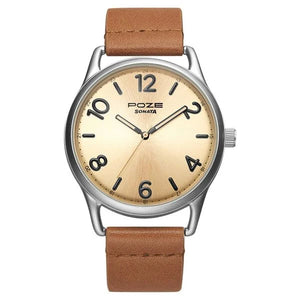 Poze by Sonata Quartz Analog Beige Dial PU Leather Strap Watch for Men SP70014SL01W - KRISHNA WATCH COMPANY
