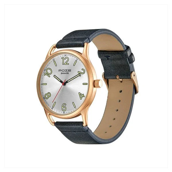 Sonata Poze by Sonata Quartz Analog Silver Dial PU Leather Strap Watch for Men SP70014WL01W