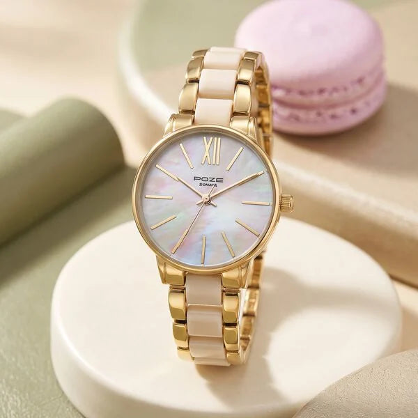 Poze By Sonata Quartz Analog Metal And Acetate link Strap Watch For Women SP80051KM05W