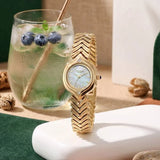Poze By Sonata Quartz Analog White Mother of Pearl Dial Golden Metal Strap Watch For Women SP80209YM01W