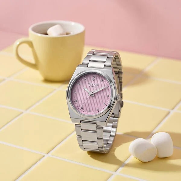 Poze By Sonata Quartz Analog Purple Dial Silver Metal Strap Watch For Women SP80210SM01W