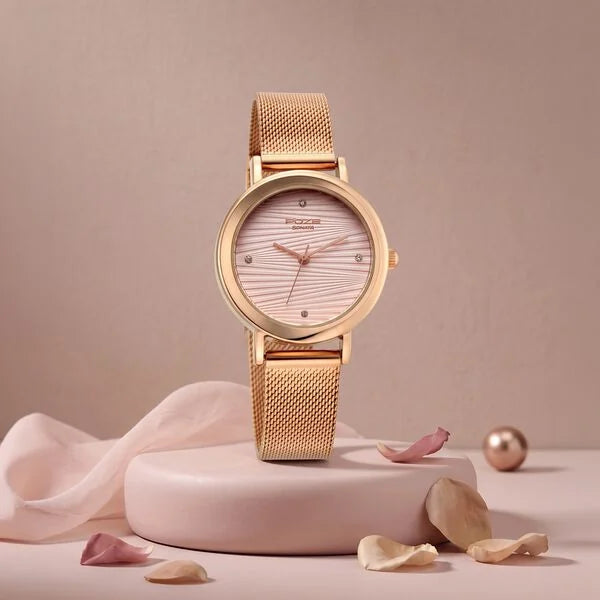 Poze By Sonata Quartz Analog Pink Dial Rose Gold Metal Strap Watch For Women SP80211WM01W