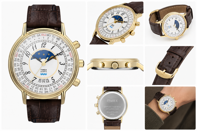 Timex 1990 Moon Phase and Calendar Dial Reissue 37mm Leather Strap Watch - TW2Y99000UJ
