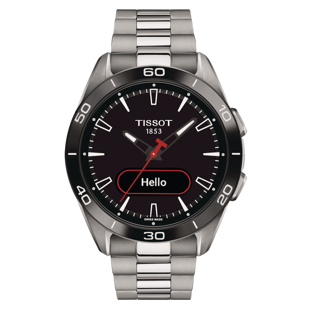 A TISSOT T-TOUCH CONNECT SPORT watch with a black band and case, featuring a digital display and red hands.