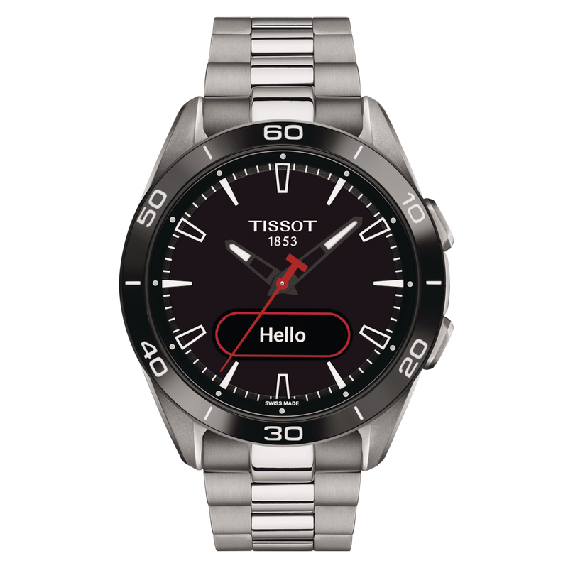 A TISSOT T-TOUCH CONNECT SPORT watch with a black band and case, featuring a digital display and red hands.
