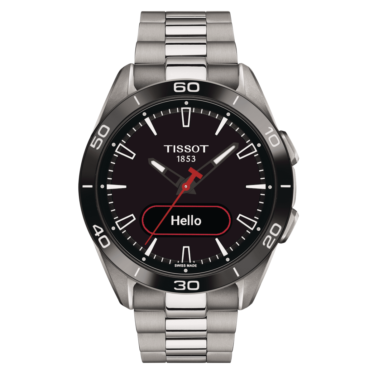 A TISSOT T-TOUCH CONNECT SPORT watch with a black band and case, featuring a digital display and red hands.