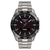 A TISSOT T-TOUCH CONNECT SPORT watch with a black band and case, featuring a digital display and red hands.