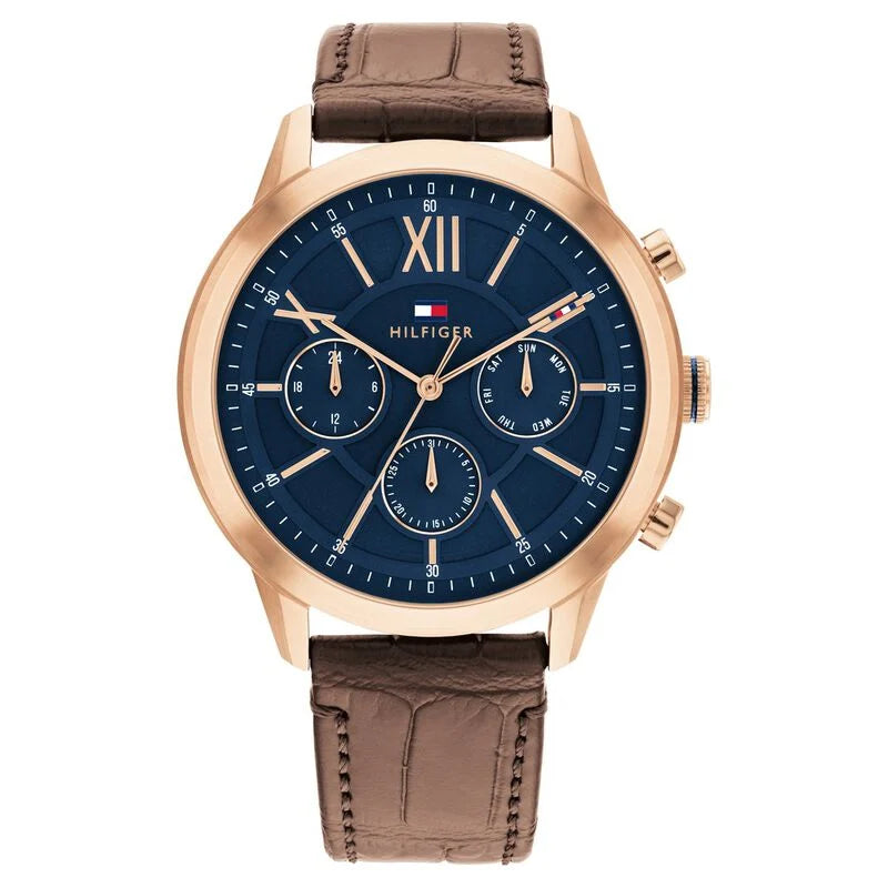 Tommy Hilfiger Blue Dial Brown Colour Leather Strap Watch for Men TH1710526 - KRISHNA WATCH COMPANY