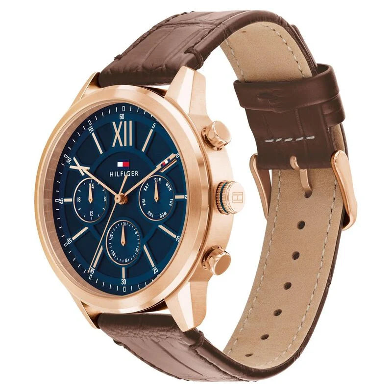 Tommy Hilfiger Blue Dial Brown Colour Leather Strap Watch for Men TH1710526 - KRISHNA WATCH COMPANY
