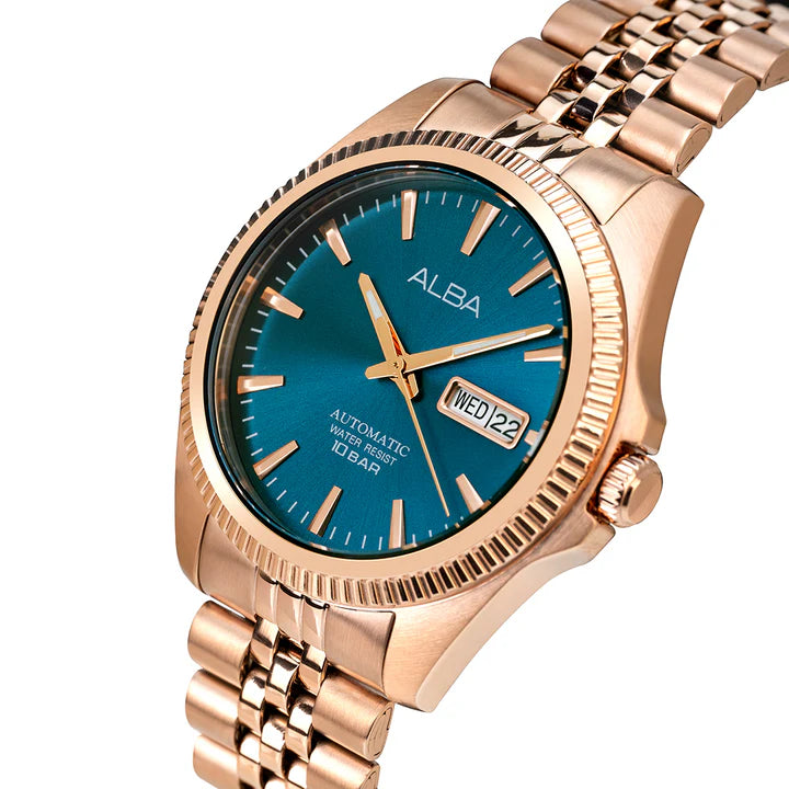 Alba Copper Bezel With Teal Sunray Dial Automatic Watch AL4780X1 - KRISHNA WATCH COMPANY