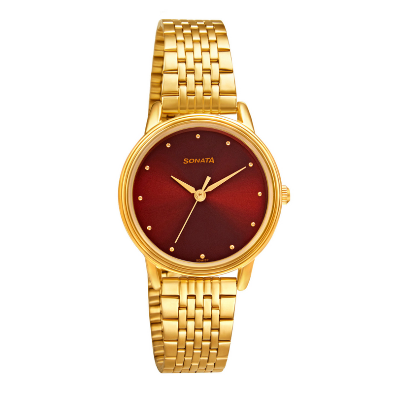 Sonata Gold Edit With Maroon Dial Stainless Steel Strap Watch - 8175YM03 - KRISHNA WATCH COMPANY