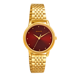 Sonata Gold Edit With Maroon Dial Stainless Steel Strap Watch - 8175YM03 - KRISHNA WATCH COMPANY