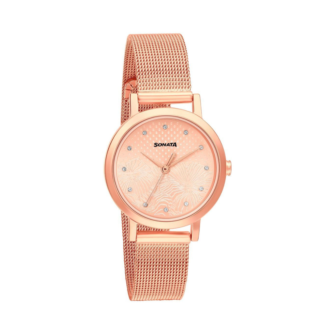 Sonata Linnea Rose Gold Dial Rose Gold Stainless Steel Strap Watch NR8174WM02