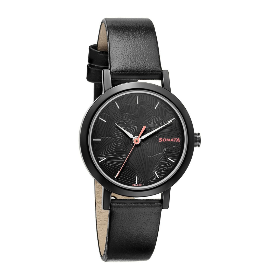 Sonata Linnea Black Dial Black Leather Strap Watch - 8174NL01