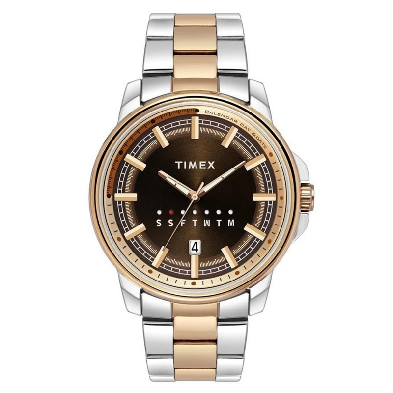 TIMEX FASHION MEN'S BROWN DIAL ROUND CASE DAY DATE FUNCTION WATCH -TWEG17206