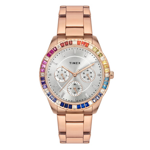 TIMEX E-CLASS PREMIUM-SPORT COLLECTION MULTIFUNCTION WOMEN ANALOG SILVER DIAL COLOURED QUARTZ WATCH, ROUND DIAL WITH 36 MM CASE WIDTH - TWEL16802 - KRISHNA WATCH COMPANY