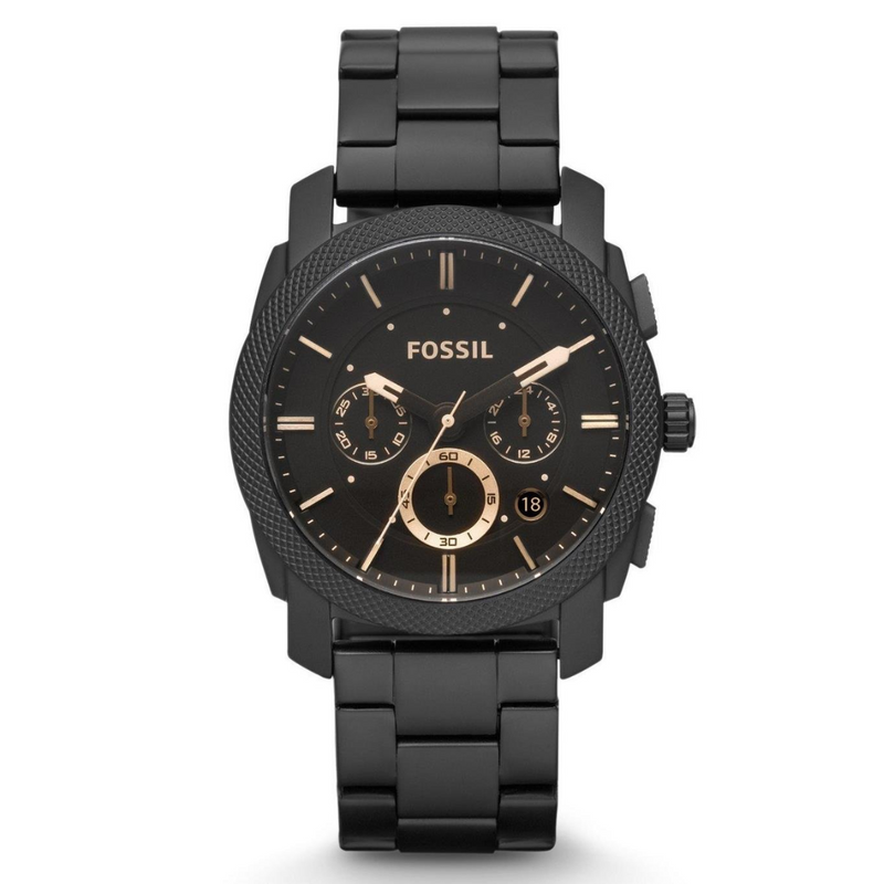 A Fossil brand men's analog watch with a black band and dial, featuring multiple subdials and a chronograph function.