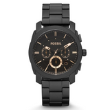 A Fossil brand men's analog watch with a black band and dial, featuring multiple subdials and a chronograph function.