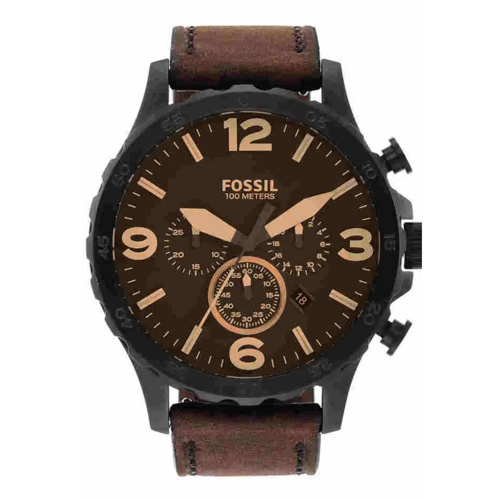 Fossil Mens 50 mm Nate Black Dial Leather Chronograph Watch - JR1487 - KRISHNA WATCH COMPANY