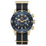 A RADO Captain Cook Automatic Chronograph watch with a blue dial, bronze case, and a black fabric strap with a gold-coloured stripe.