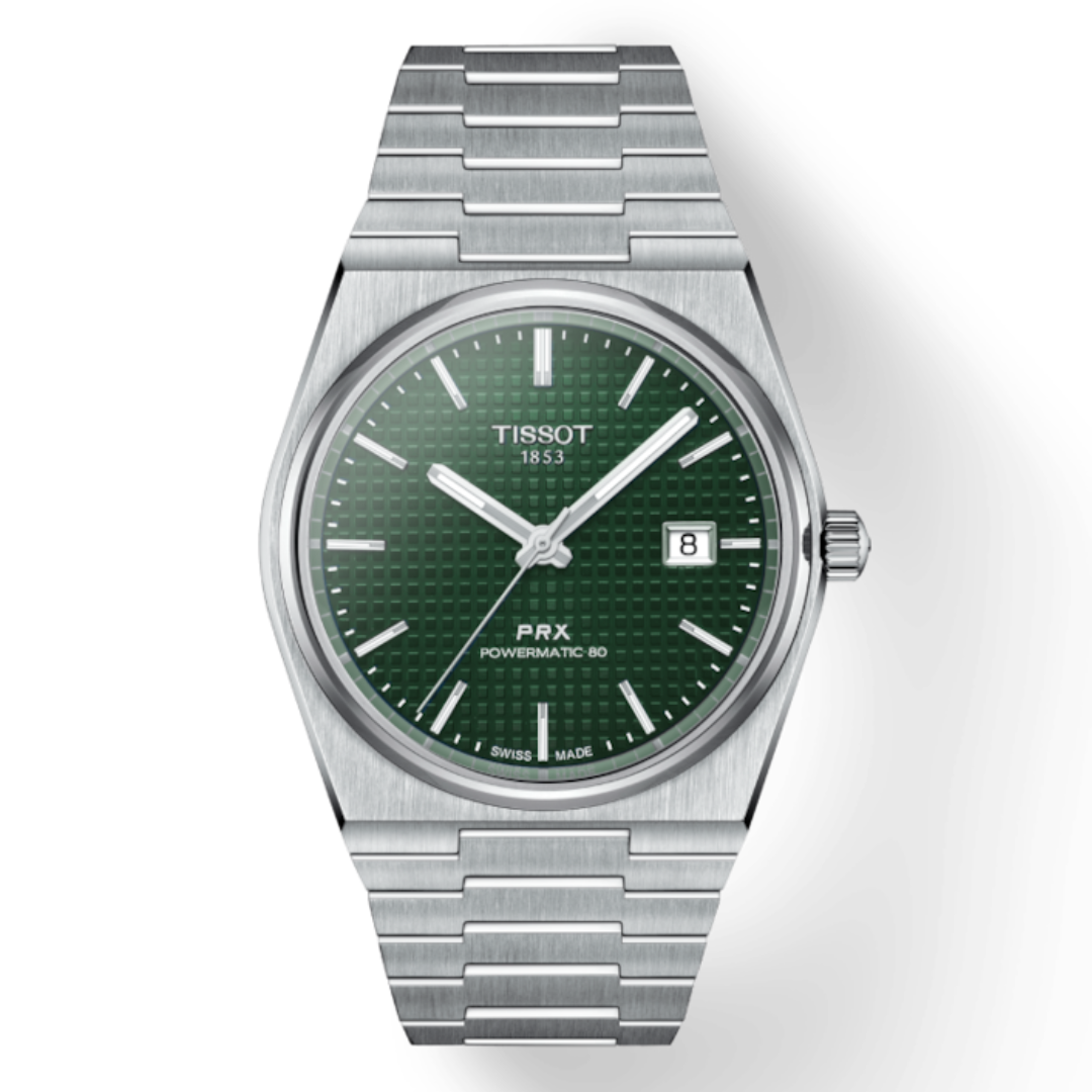 A TISSOT T-Classic PRX POWERMATIC 80 watch with a green dial and a silver stainless steel strap.