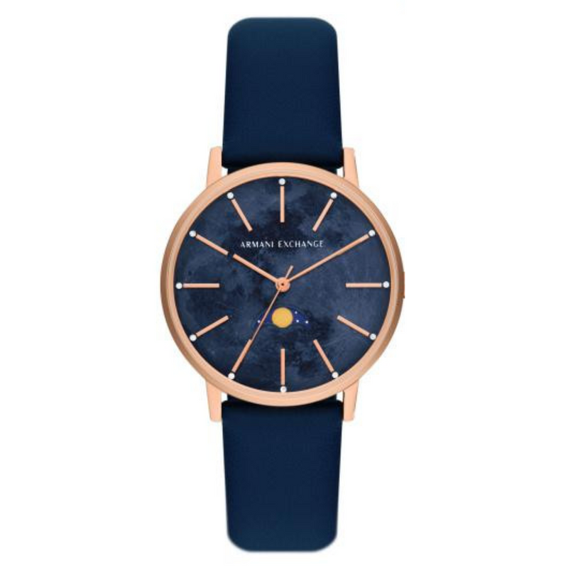 Armani Exchange Multifunction Moonphase Blue Leather Watch and Rose-Tone Brass Necklace Set AX7149SET - KRISHNA WATCH COMPANY