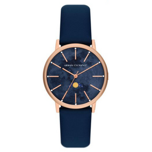 Armani Exchange Multifunction Moonphase Blue Leather Watch and Rose-Tone Brass Necklace Set AX7149SET - KRISHNA WATCH COMPANY