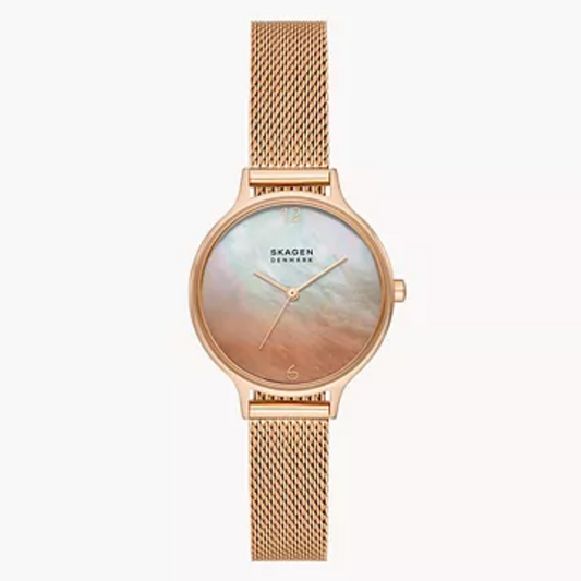 Anita Lille Three-Hand Ombré Mother of Peal Rose Gold Stainless Steel Mesh Watch SKW3107