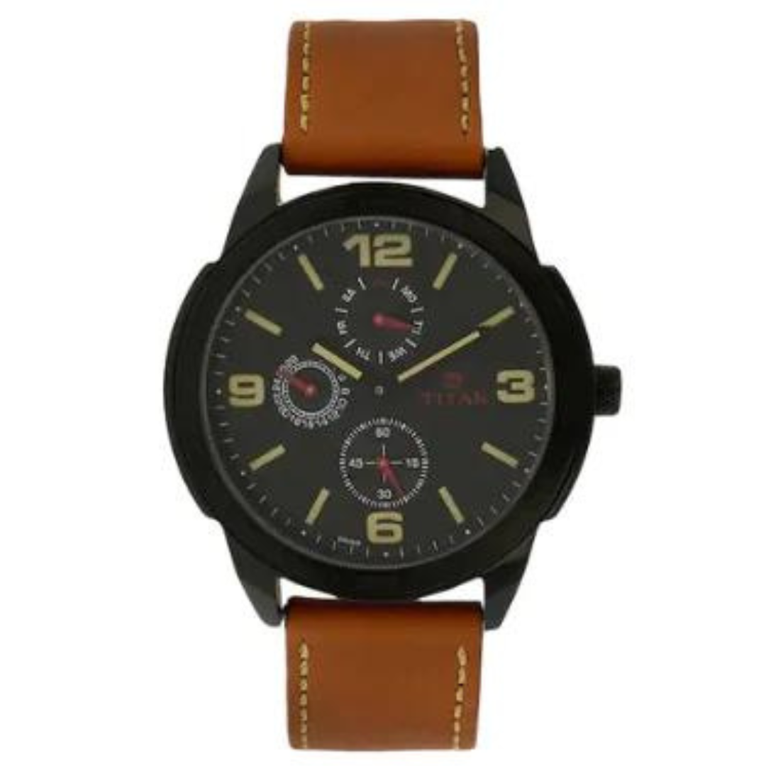 TITAN Black Dial Brown Leather Strap Watch 1585NL01