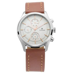 Titan Workwear Watch with Silver Dial & Brown Leather Strap - 1805SL01 - KRISHNA WATCH COMPANY