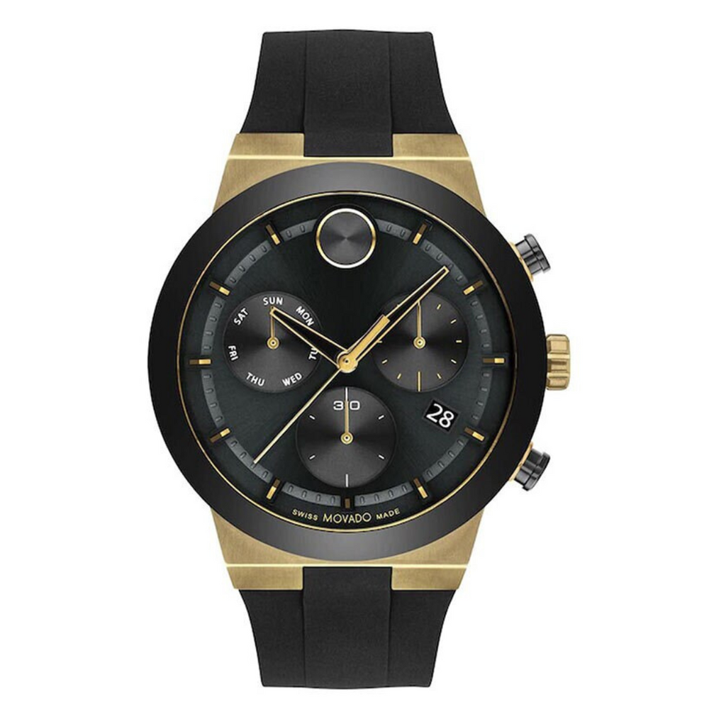 A Movado chronograph wristwatch with a black band, gold and black casing, and a digital display.